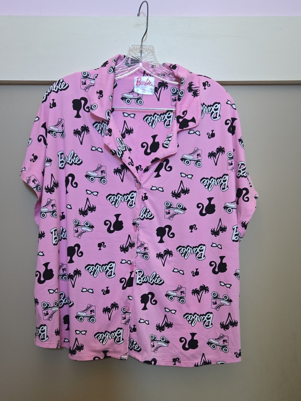 Barbie Pink & Black Short Sleeve Pajama Button-Up Top